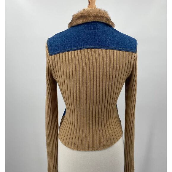 Y2K No Boundaries Denim Ribbed Knit Jacket Button Down Faux Fur Collar XS-Small - Picture 5 of 7
